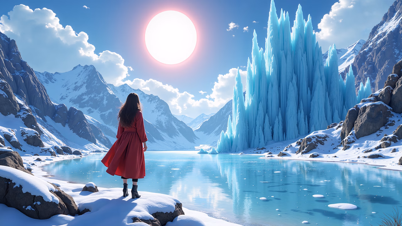 A solitary figure in a red coat admires a stunning ice castle in a frosty landscape.