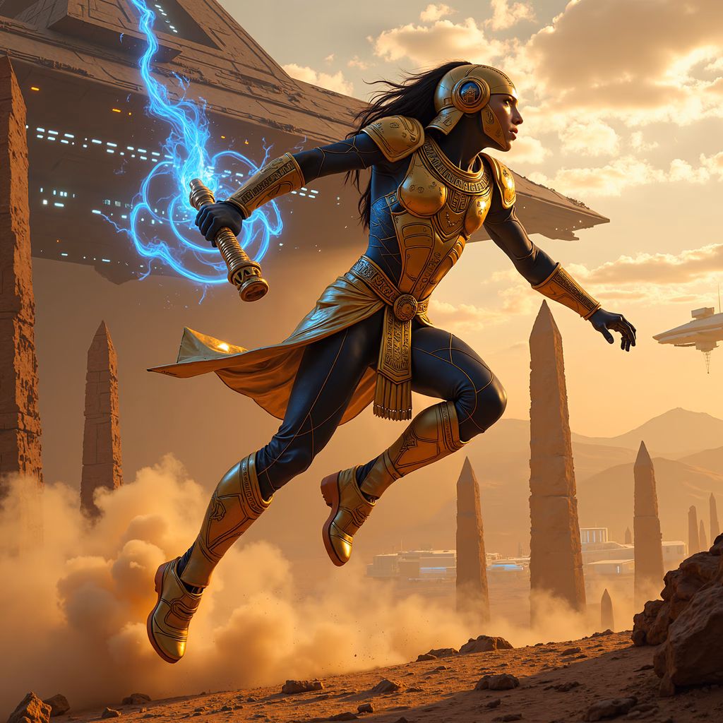Futuristic warrior in ancient Egypt, blending sci-fi and classic motifs.