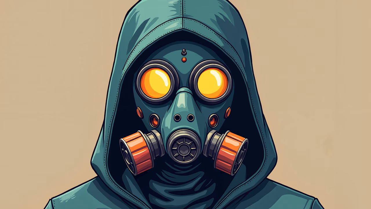Mysterious gas mask figure in a dystopian setting.