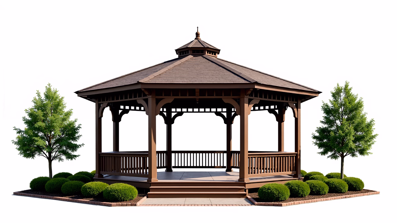 Classic gazebo design with warm tones and natural surroundings.