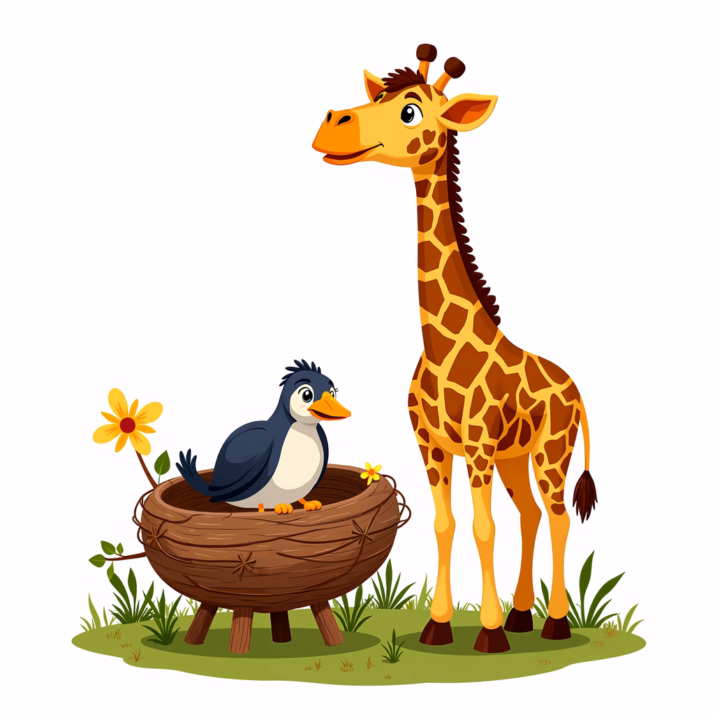 A giraffe and a penguin share a peaceful moment in a colorful, whimsical setting.