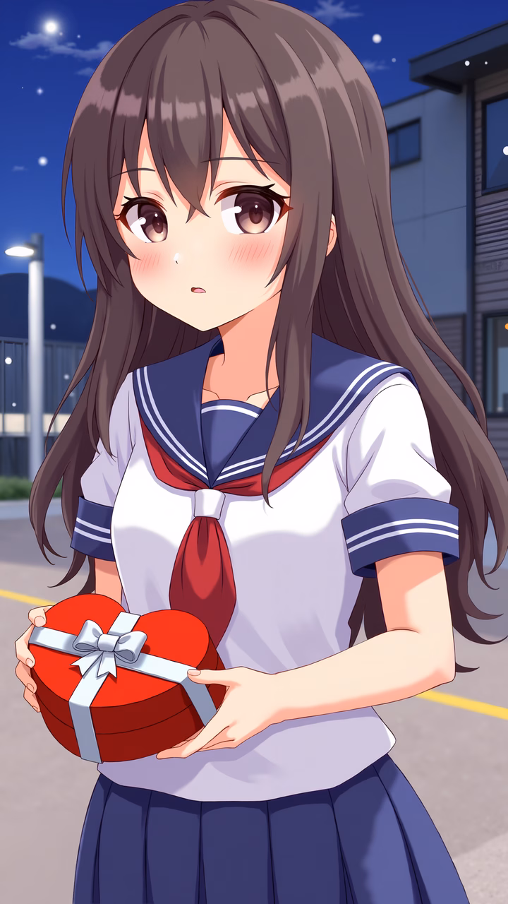 A girl in a sailor uniform holding a heart-shaped gift, set against a peaceful night backdrop.