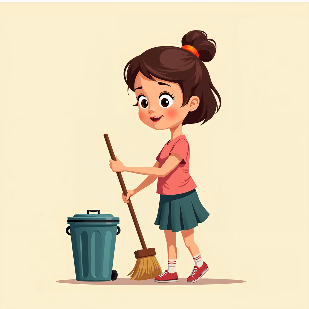 A cute cartoon girl sweeping the floor, promoting cleanliness and responsibility.