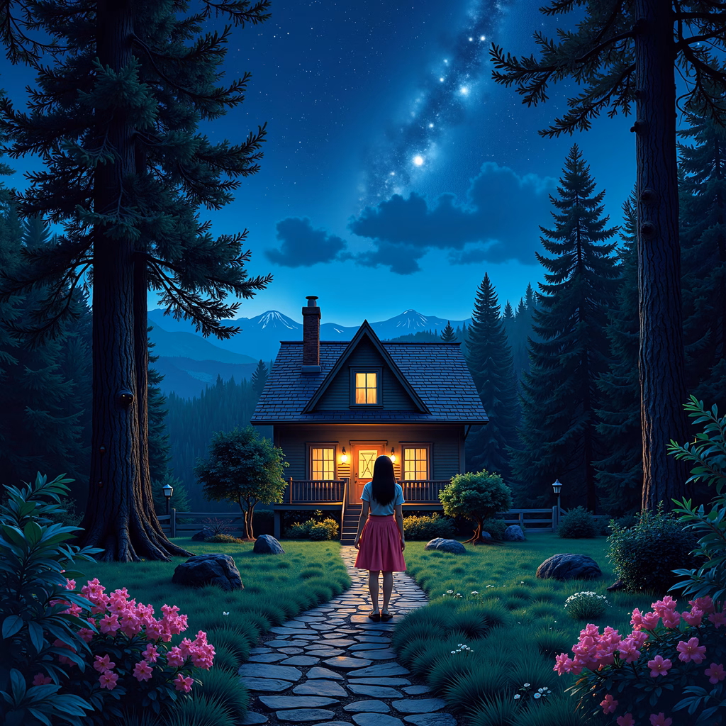 Girl walking towards a cozy cabin under a starlit sky.