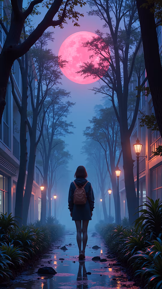 Girl Walking Under a Pink Moon