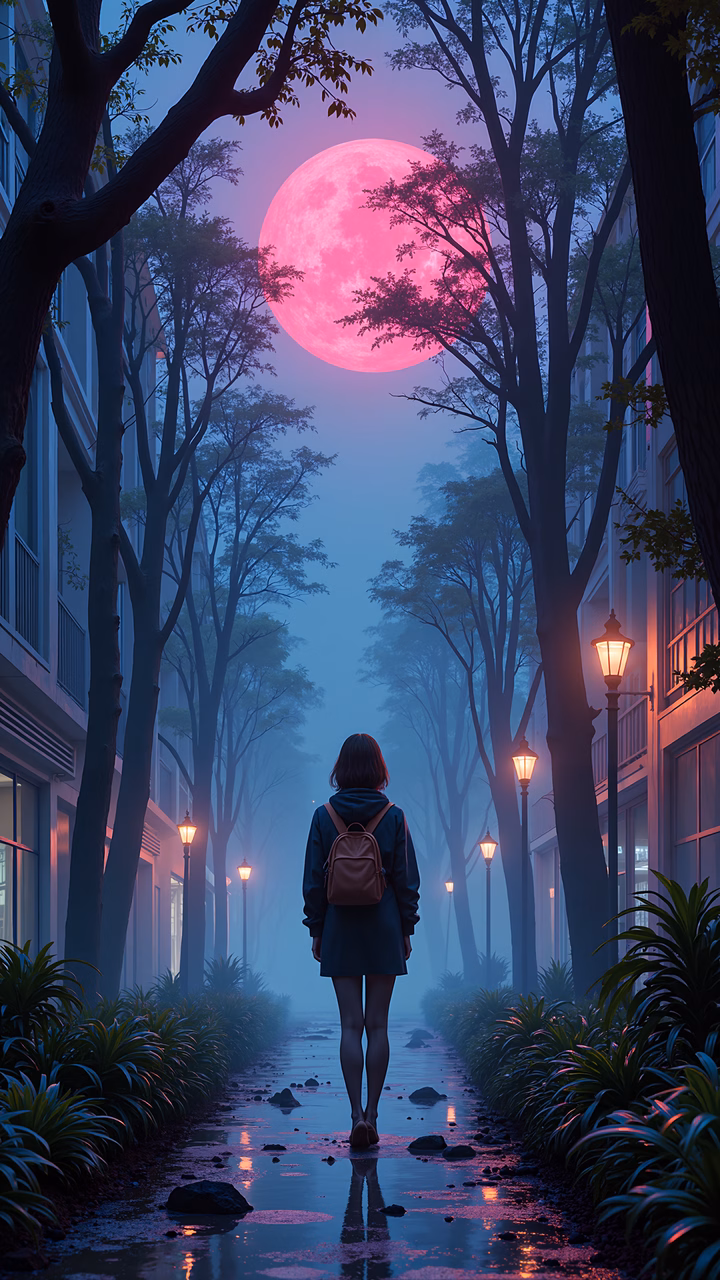 Girl walking under a glowing pink moon, serene night scene