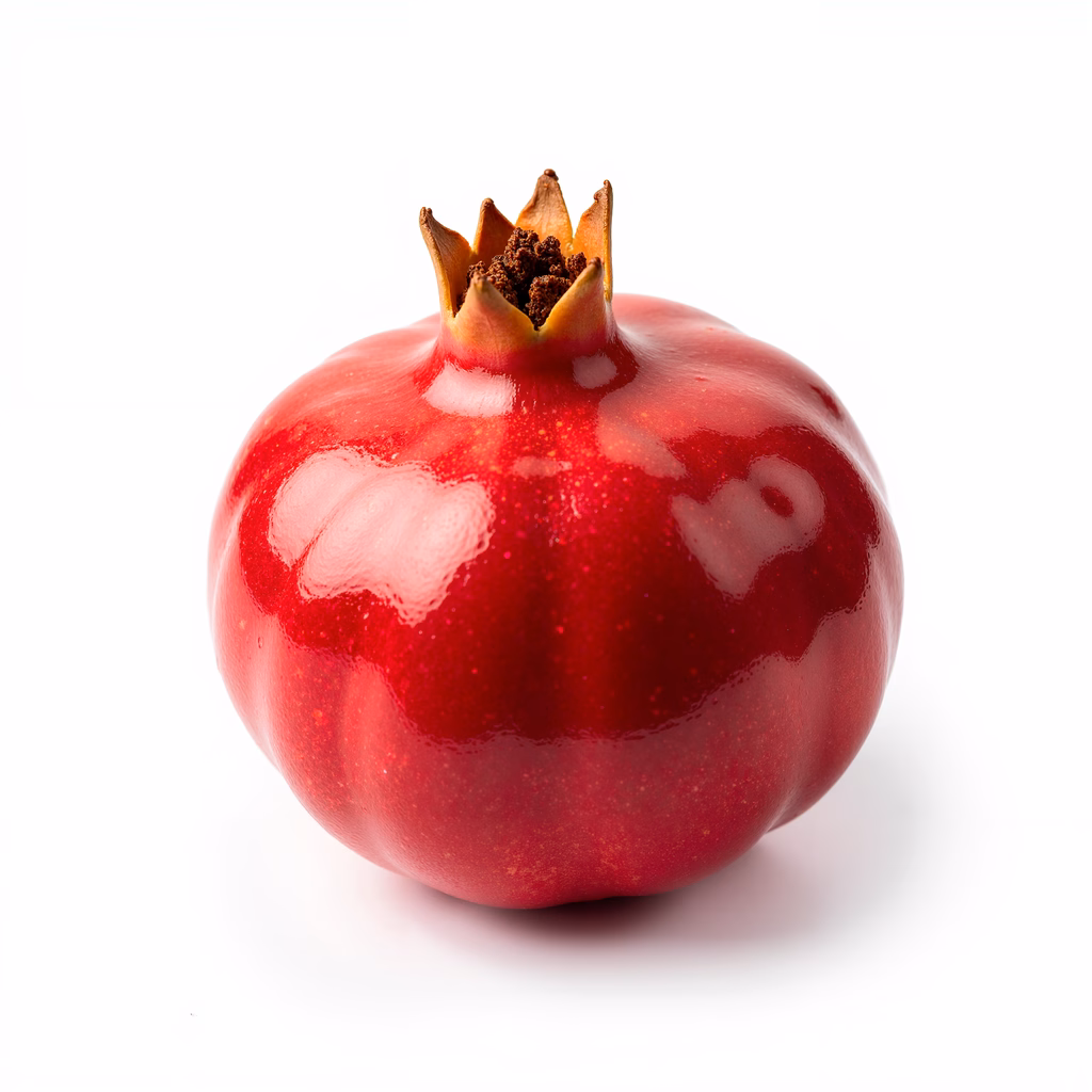 Close-up of a glossy red pomegranate on a white background.