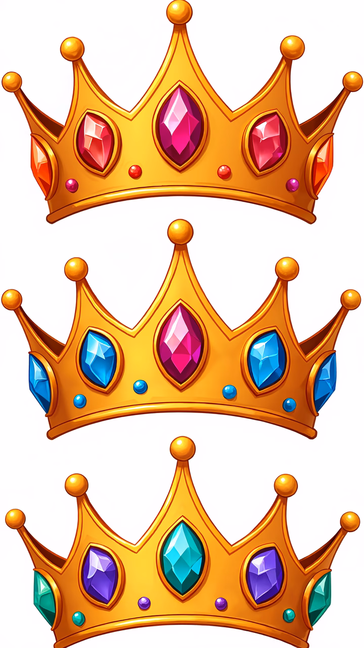 Three golden crowns with colorful gemstones, symbolizing royalty and luxury.