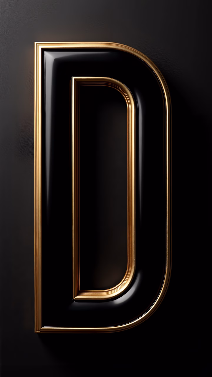 Luxurious gold letter 'D' on a black background.