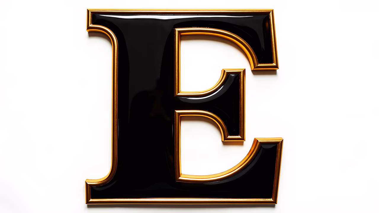 Glossy black letter 'E' with gold border on white background.