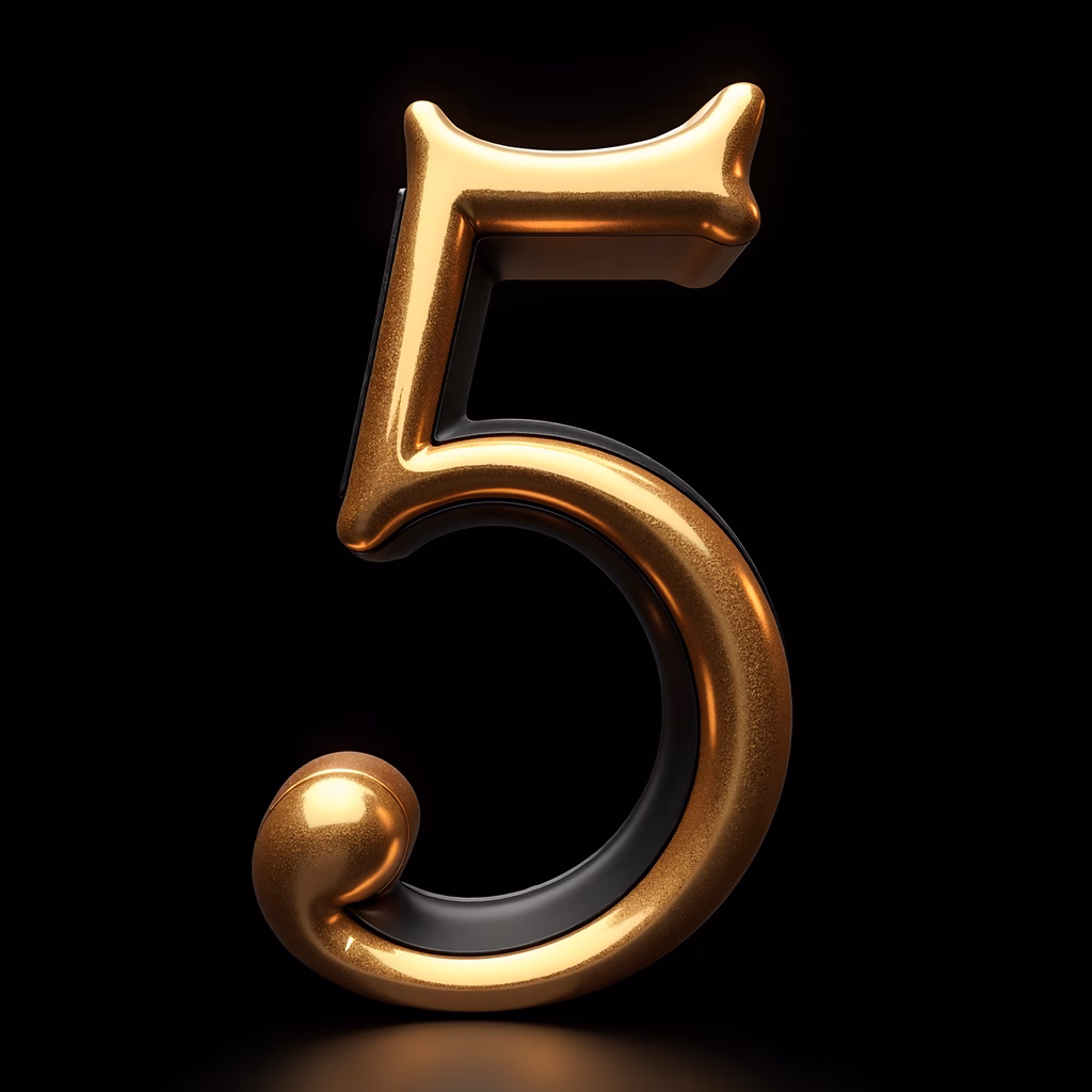 Bold golden number five on a black background, modern typography design.