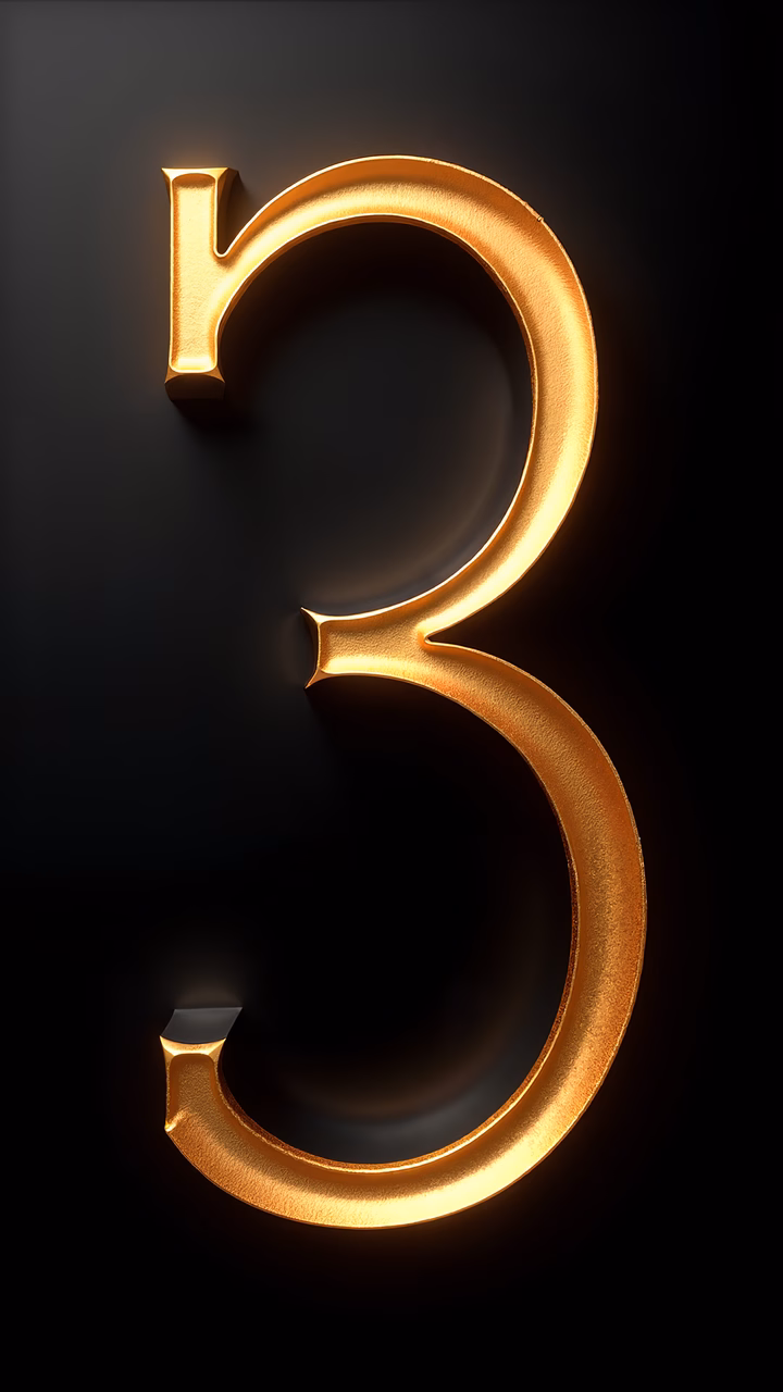 Bold golden numeral '3' on a black background, luxurious typography art.