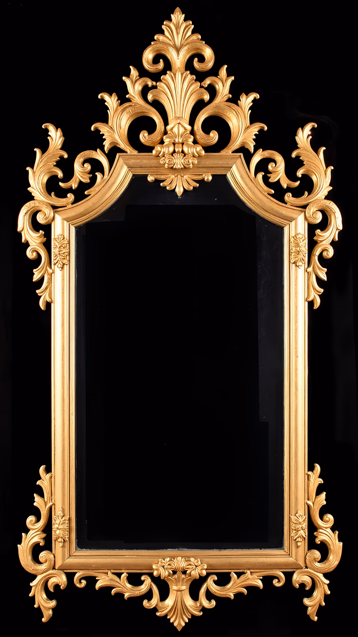 Elegant gold ornate mirror with intricate details and black background.