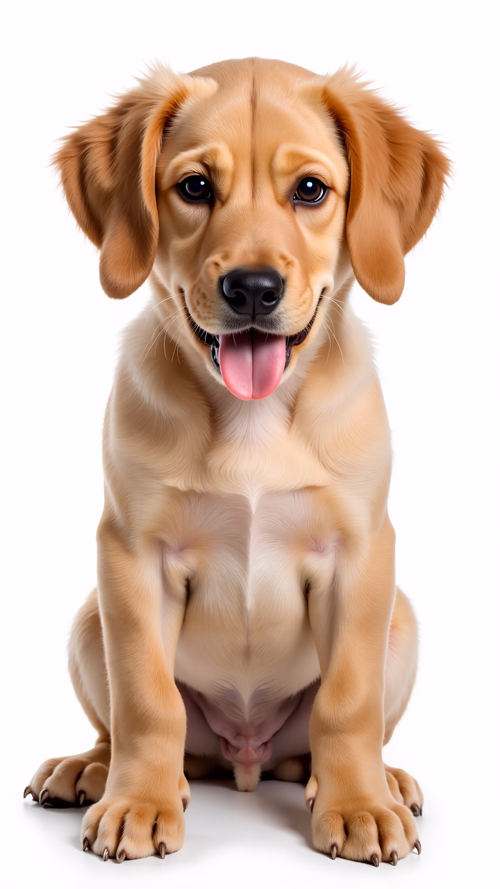 Close-up of a playful golden retriever puppy against a white background.
