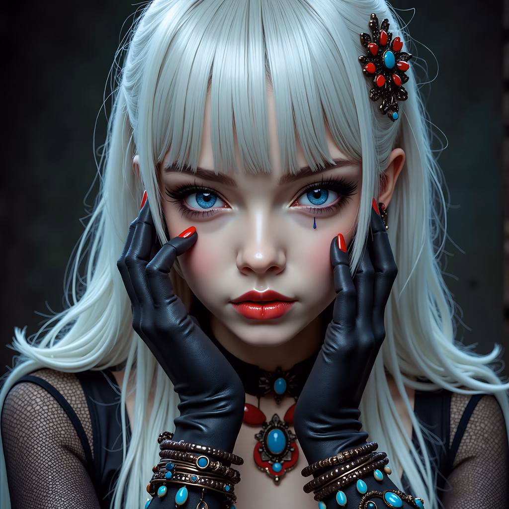 Mysterious gothic fantasy character with striking features and detailed accessories.