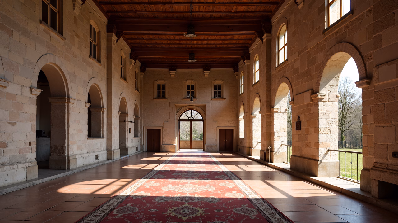 A majestic hallway with intricate architecture and warm lighting.