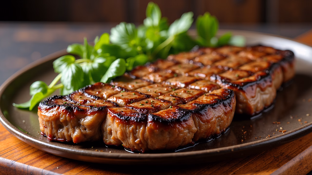 Close-up of grilled meat garnished with fresh herbs on a plate.