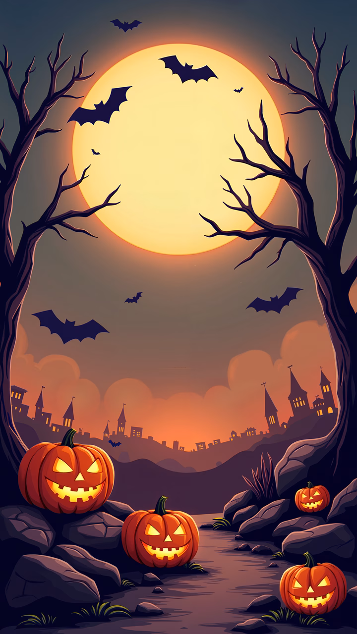 Spooky Halloween night with jack-o'-lanterns and bats flying under a full moon.