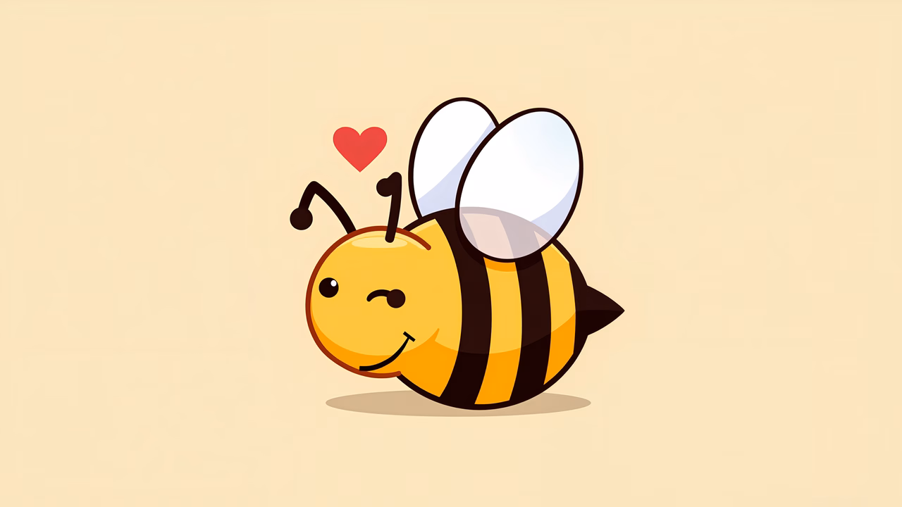 A cute, smiling bee with a heart above it, set against a soft beige background.