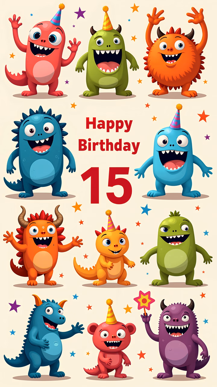 Colorful cartoon monsters celebrating a birthday with bold text and festive decorations.
