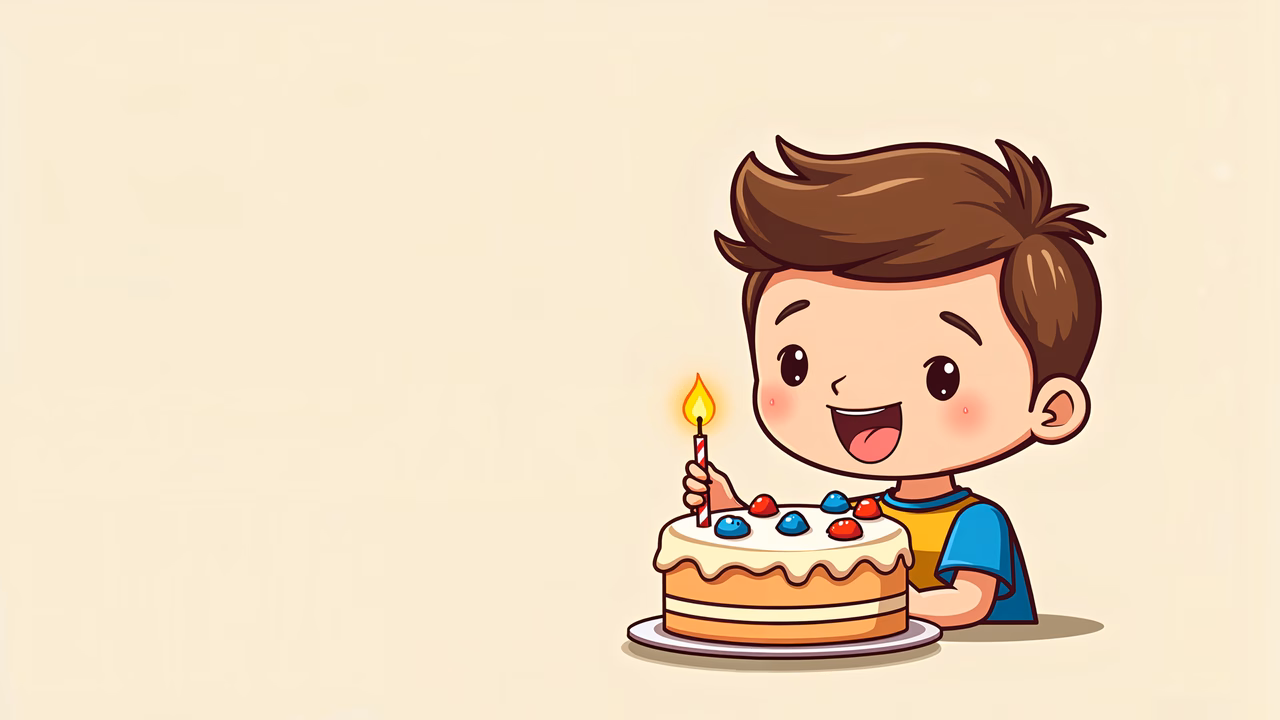 A happy cartoon boy celebrating his birthday with a lit candle and a decorated cake.