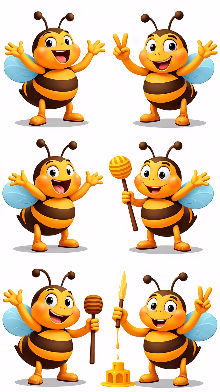 Brightly colored cartoon bees celebrating honey time!