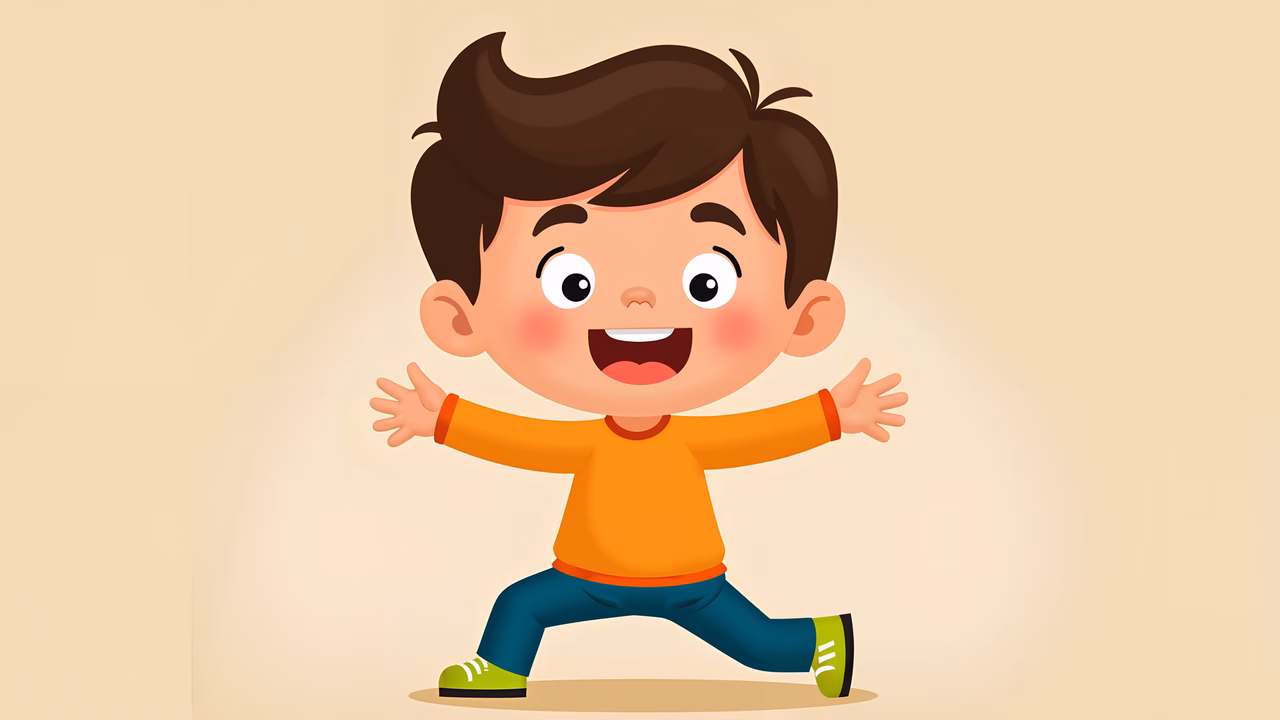A joyful cartoon boy with outstretched arms, smiling brightly.