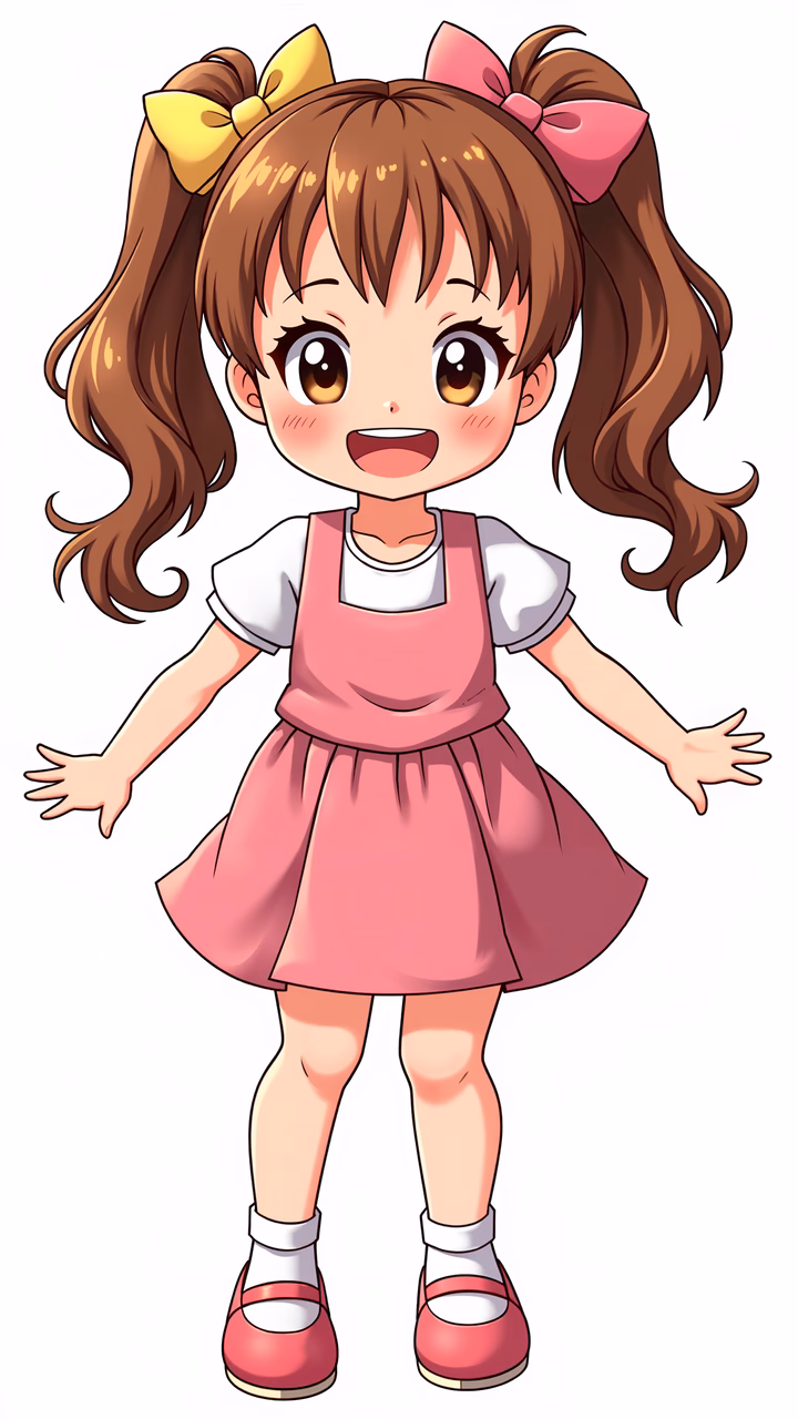 A joyful illustration of a little girl with colorful bows and a pink dress.