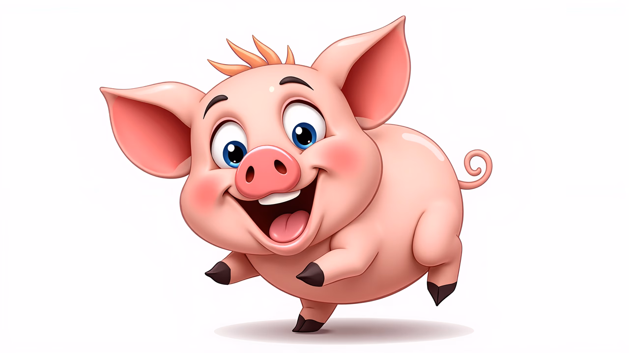 A cute, cartoon-style pig with big eyes and a happy expression.