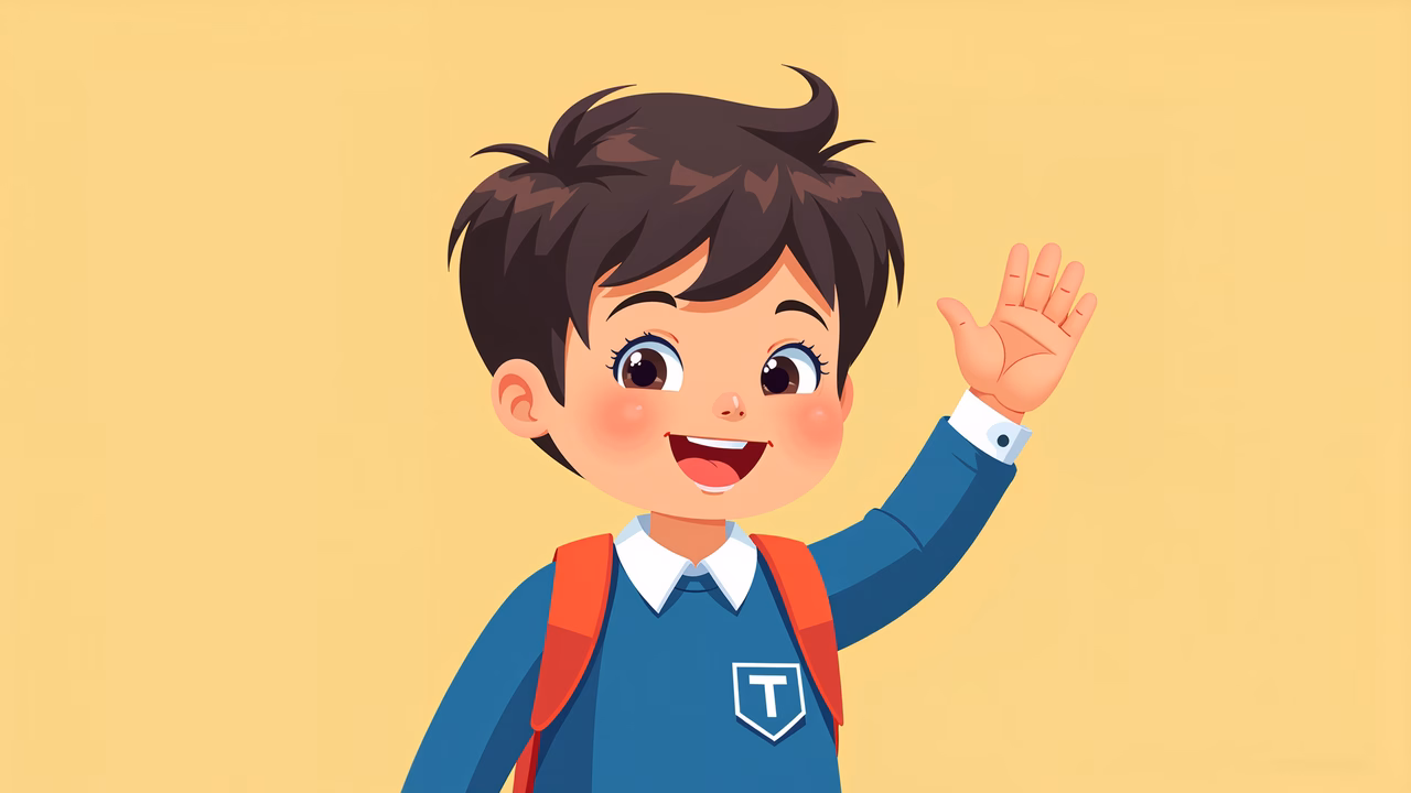 Brightly colored illustration of a happy schoolboy waving.