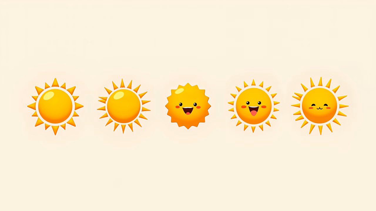 Five smiling suns in a playful cartoon style on a soft beige background.