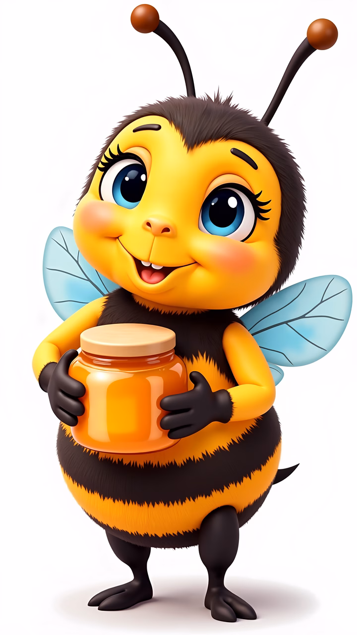 A cute cartoon honey bee holding a jar of honey, perfect for children's art.