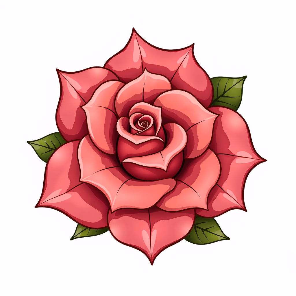 Detailed illustration of a blooming red rose with green leaves.