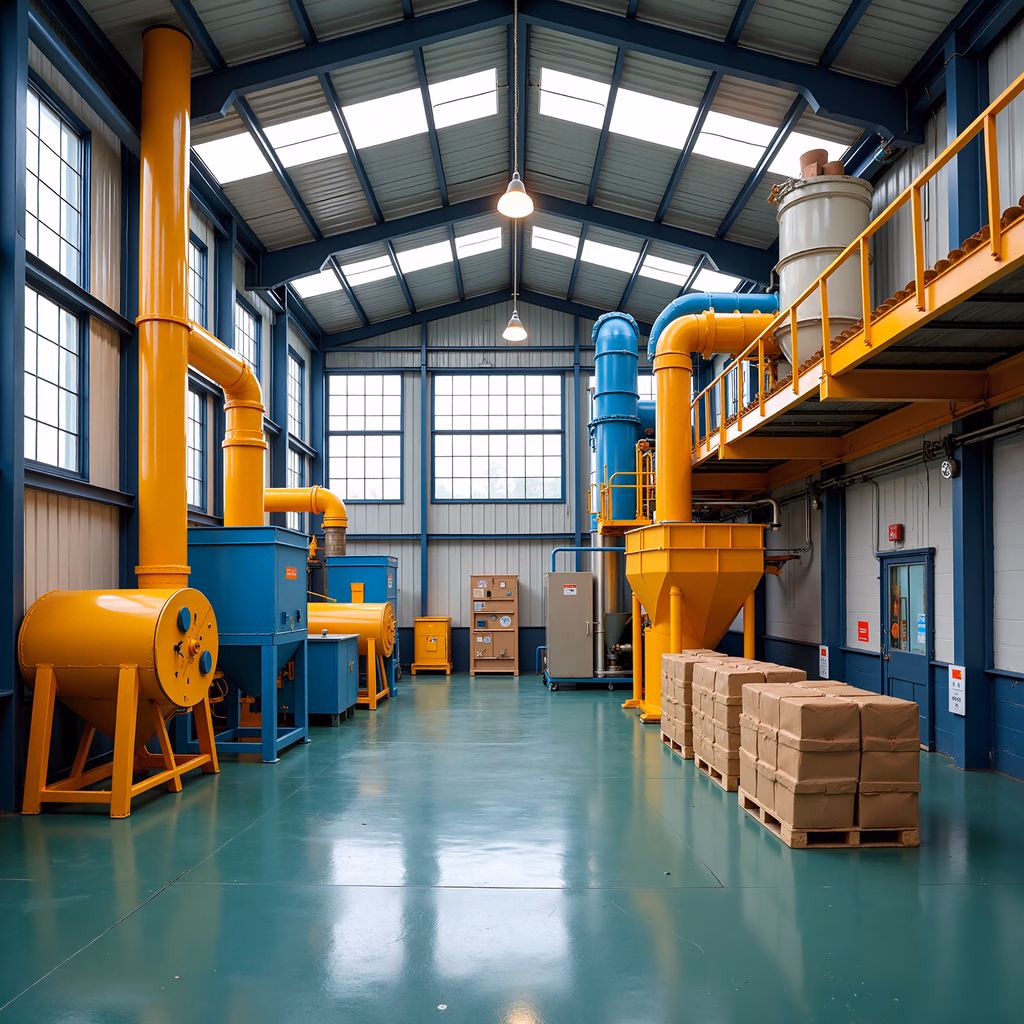 Modern industrial interior with yellow pipes, blue walls, and teal floors.