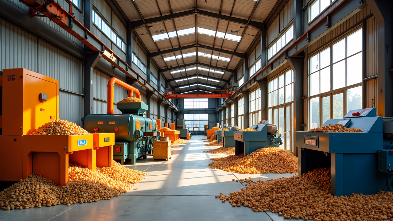 Industrial peanut processing plant with machinery and natural light