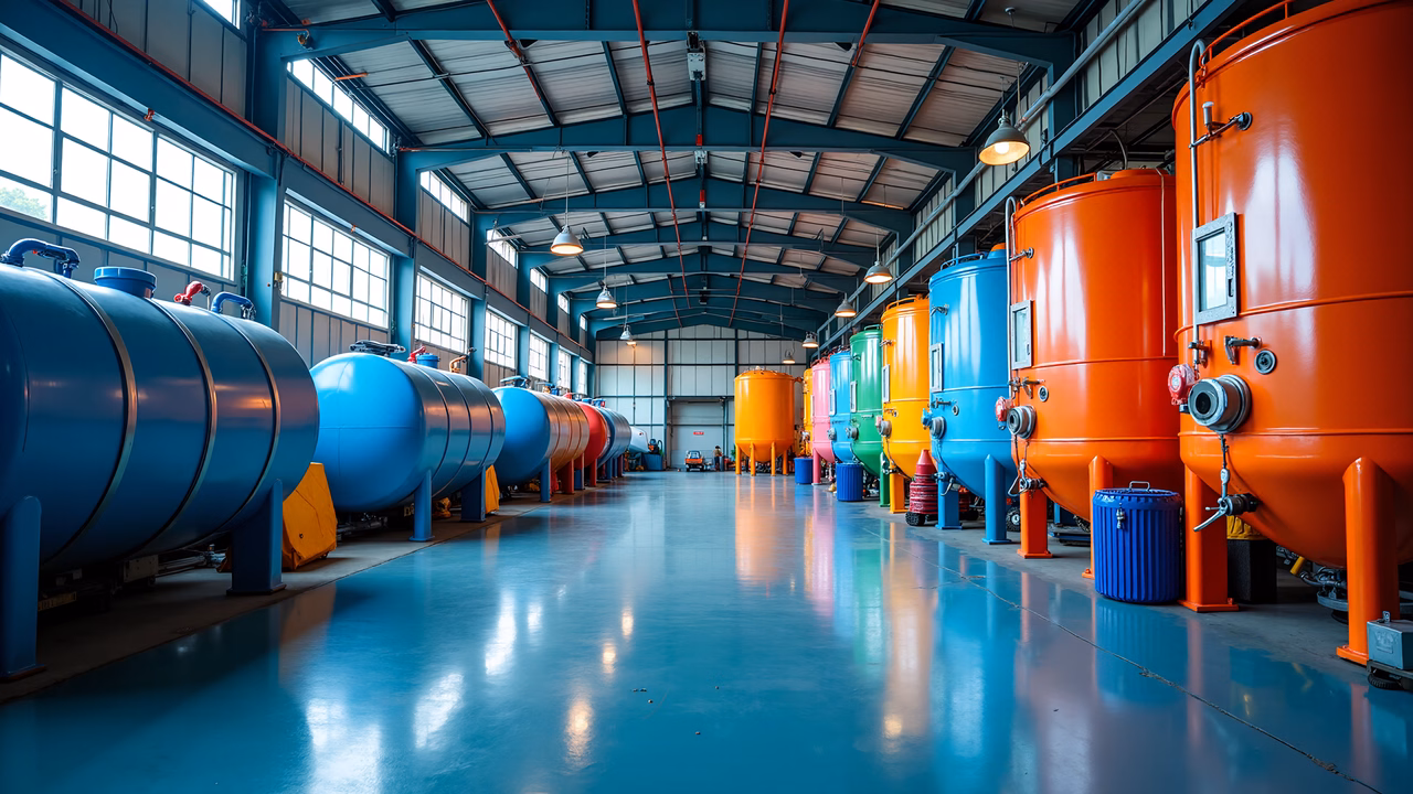 Vibrant industrial storage tanks in a clean warehouse setting.