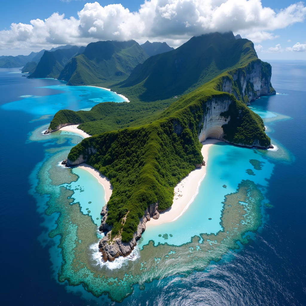 Aerial view of a tropical island with lush greenery and vibrant turquoise waters.