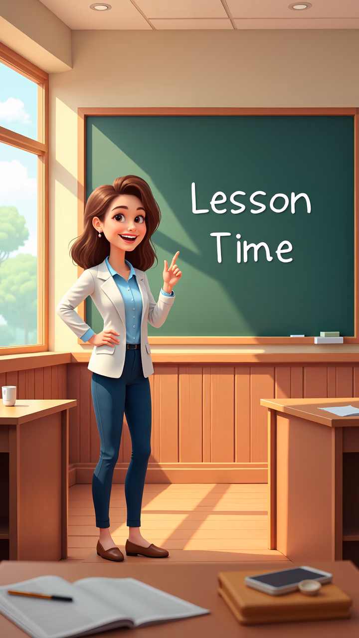A friendly teacher introduces a lesson in a bright classroom setting.