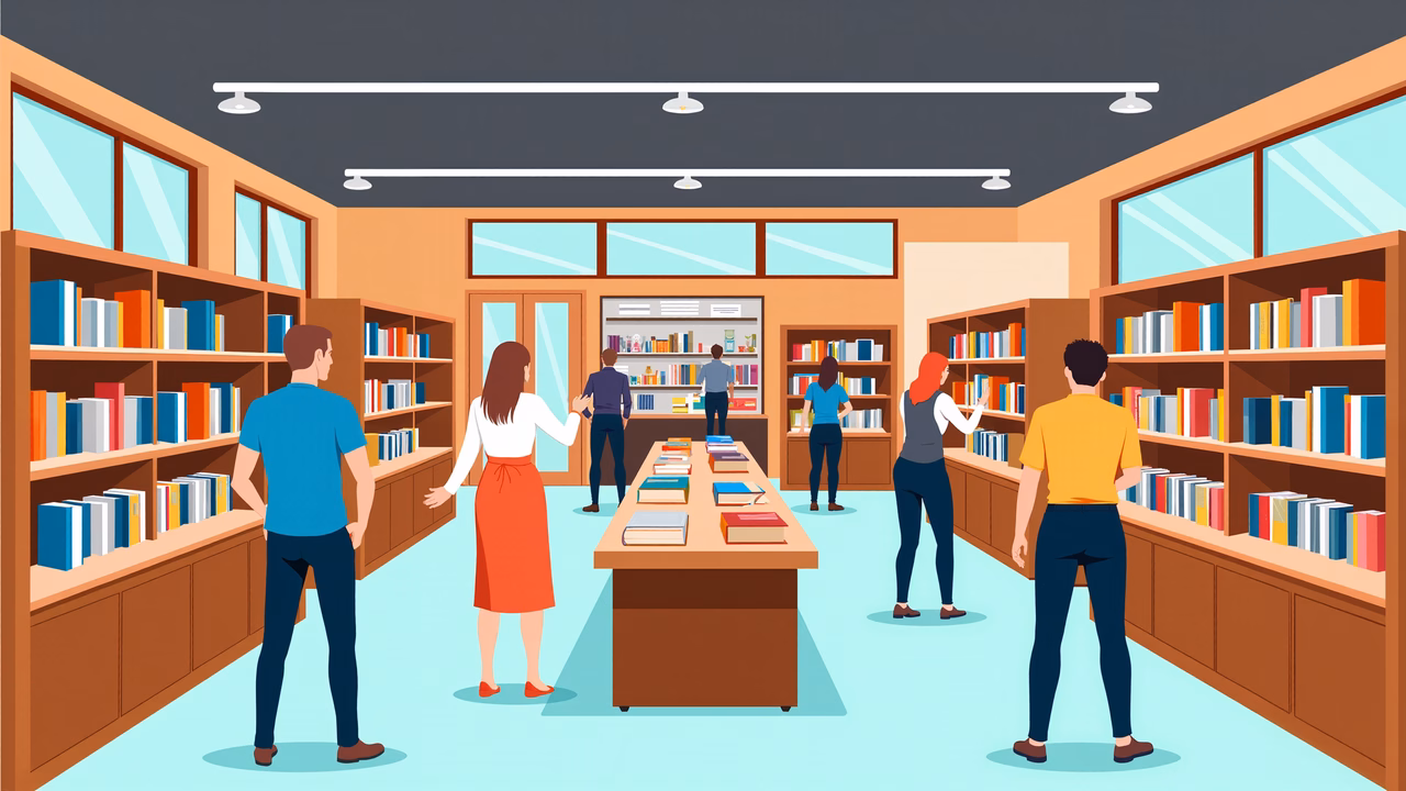 A bustling library scene with colorful books and diverse readers.