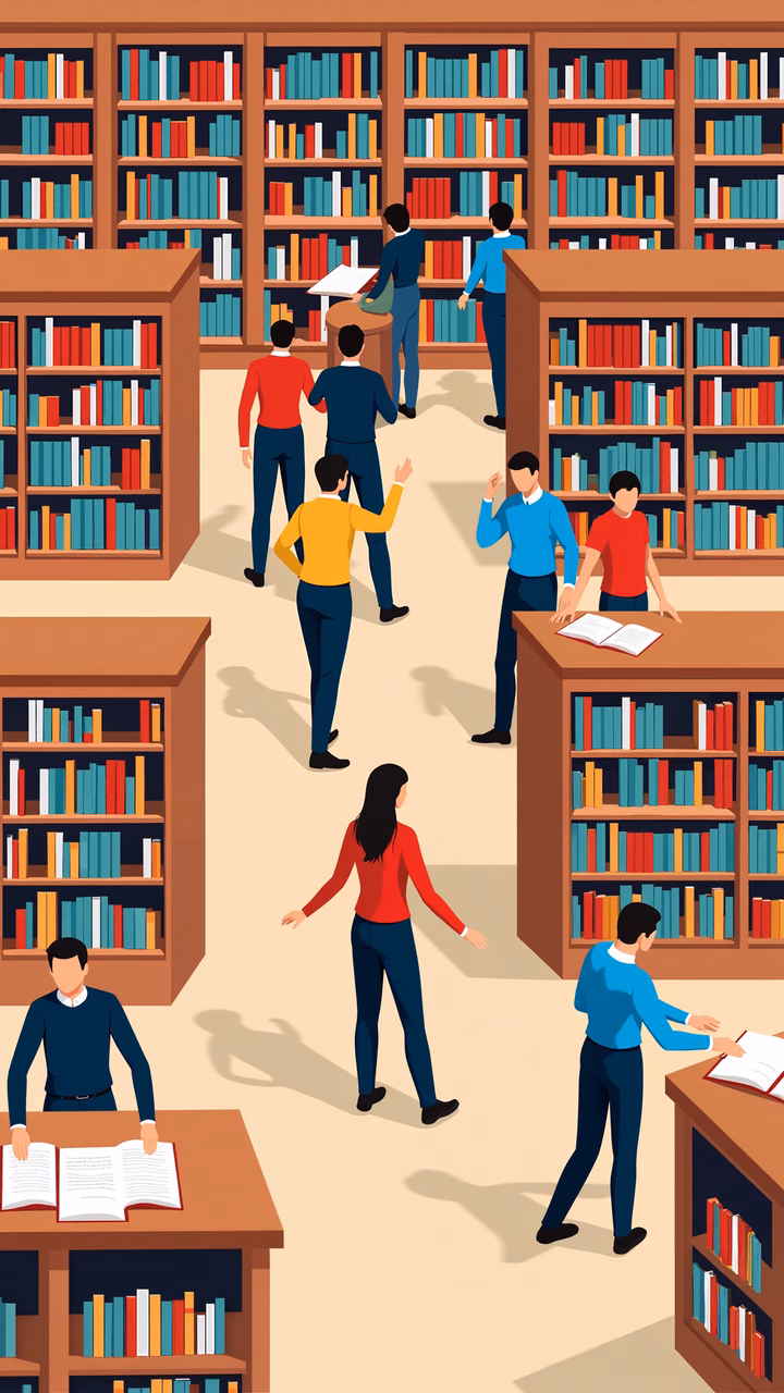 A colorful illustration of a busy library scene with diverse individuals and vibrant bookshelves.
