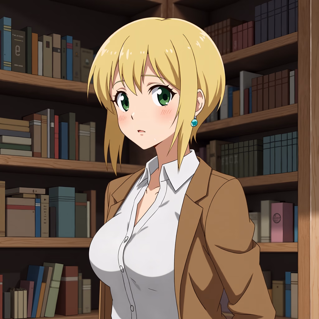 Serene anime scholar in a library setting, surrounded by books.