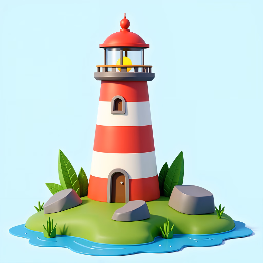 A charming lighthouse illustration with red and white stripes, set in a whimsical coastal scene.
