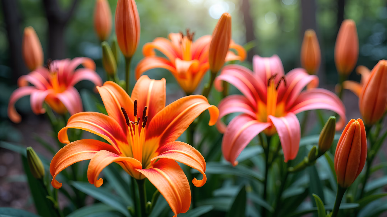 Bright orange and pink lilies in a lush green setting