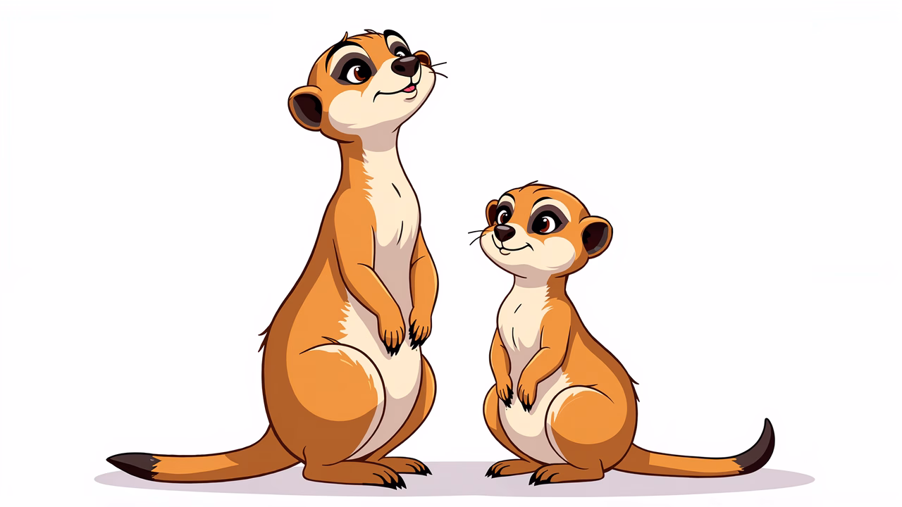 Two meerkats, one adult and one juvenile, sitting together in a warm, lifelike illustration.