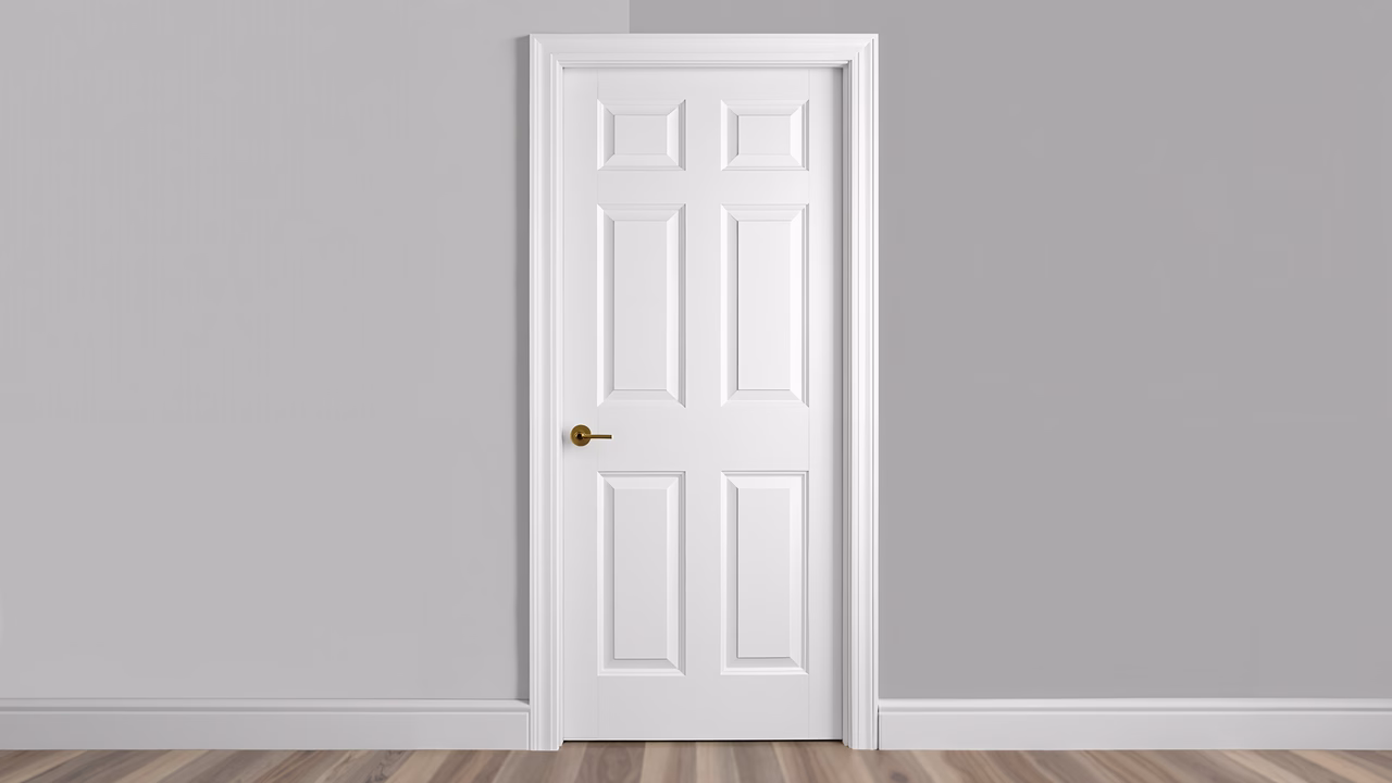 Minimalist white door with gold knob on gray wall.