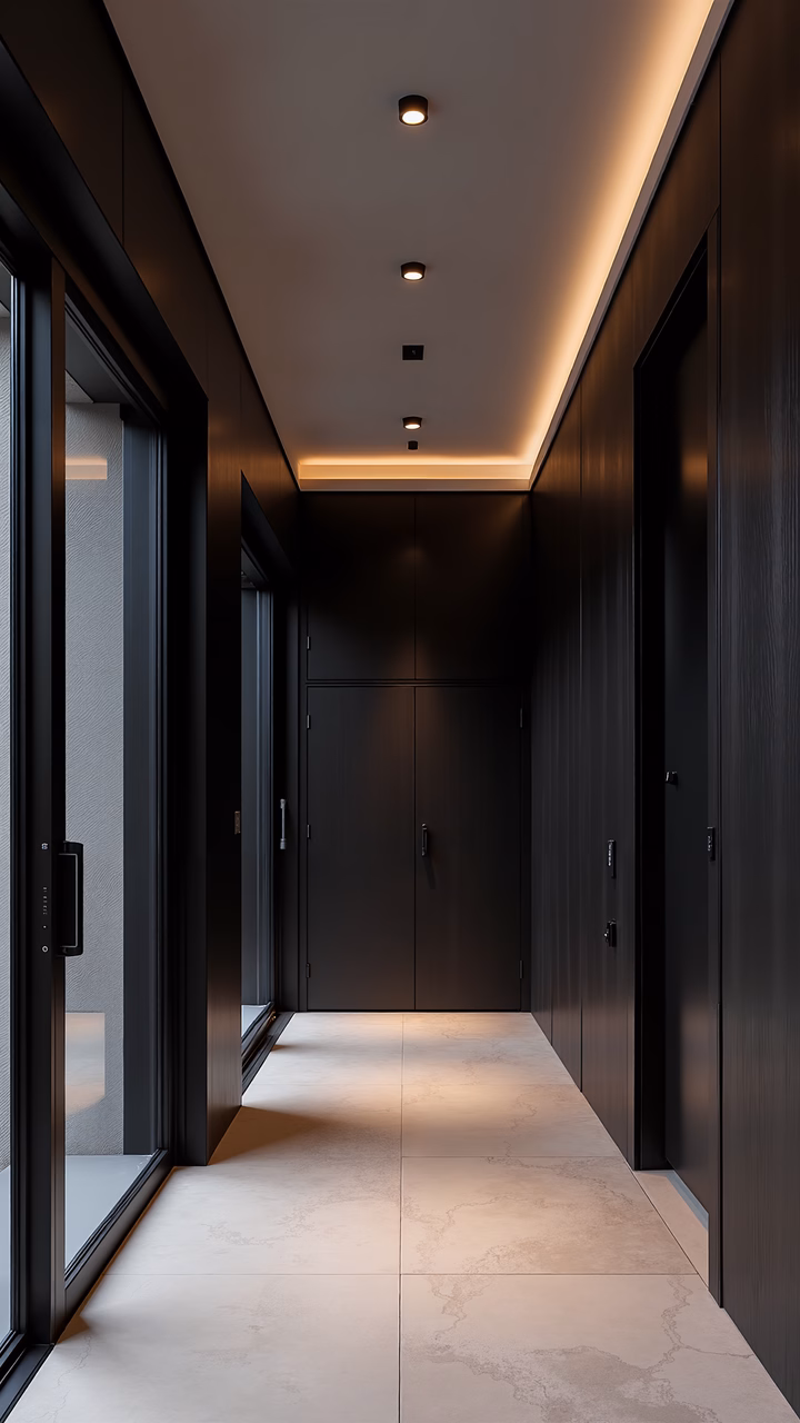 Modern minimalist hallway with black walls and light tiles, illuminated by recessed ceiling lights.