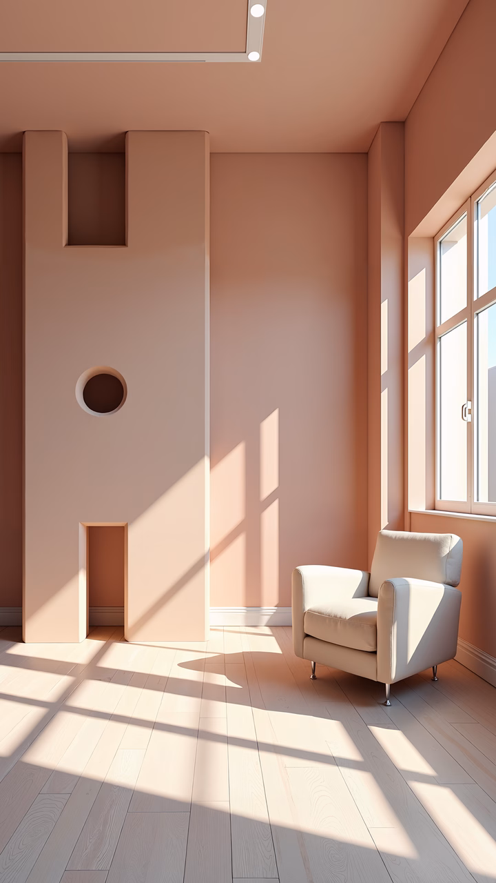 A tranquil minimalist interior with terracotta walls and a beige armchair.