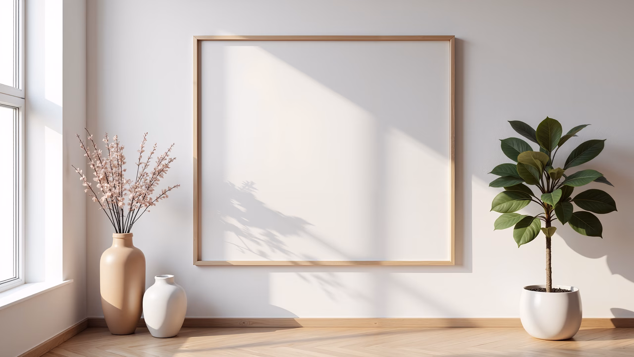 A minimalist interior corner with natural light, soft colors, and a blank canvas.