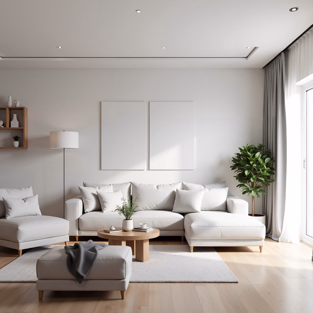 Modern minimalist living room with neutral tones and natural light.