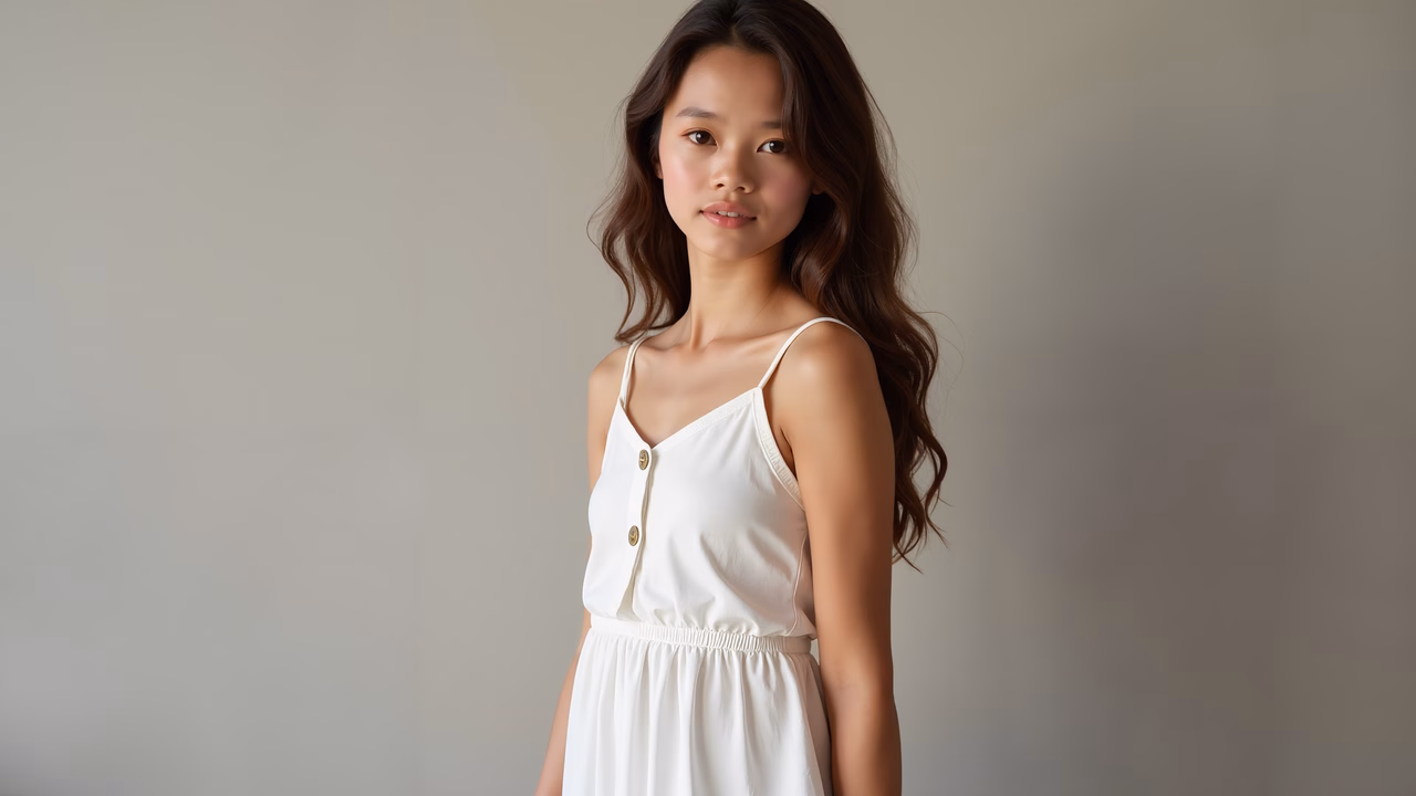 A serene portrait of a woman in a minimalist white dress, captured with soft lighting and gentle tones.